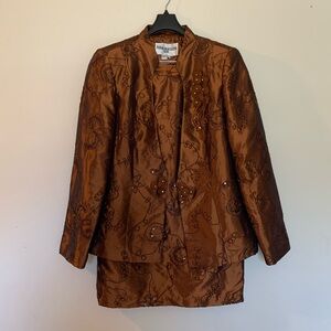 Nina Massini 2-Piece Skirt Suit Women’s 14 Brown Embroidered Sequins Church
